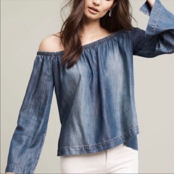 Anthro Cloth & Stone chambray blouse off shoulder romantic boho top shirt XS - Picture 1 of 7